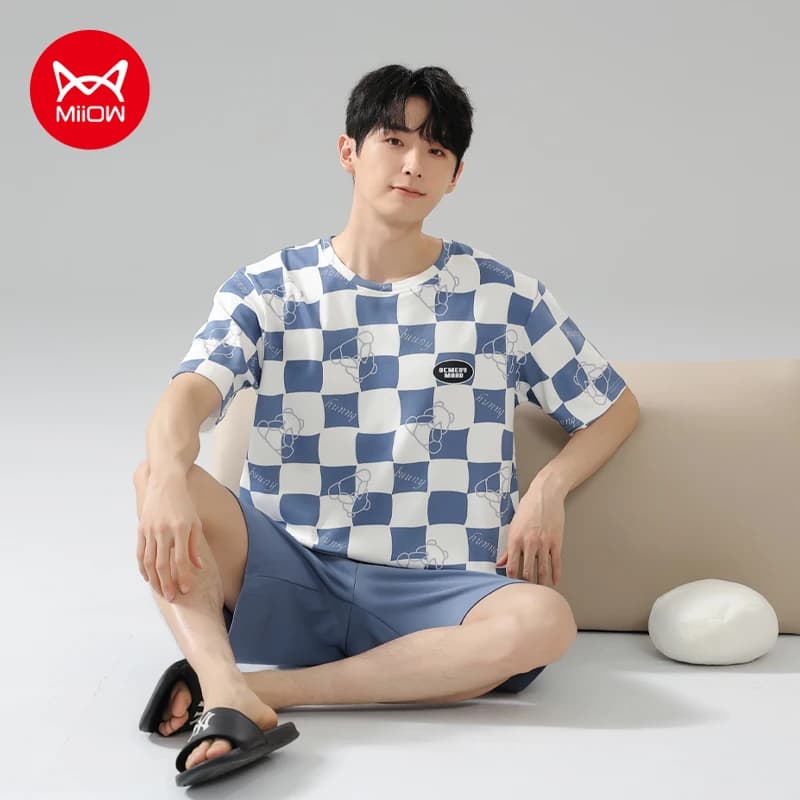 MiiOW Cotton Men's Pajamas Set Breathable Short Sleeve Mens Summer Homewear Plus SIze L-3XL Man Leisure Sleepwear Men Pajamas