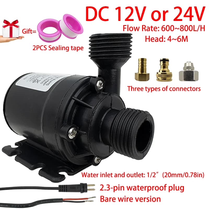 Pompa sommergibile con motore brushless DC12V silenziosa DC24V 1/2 "800L/H Sollevamento 6M Pompa booster per doccia con spina impermeabile a 2,3 pin