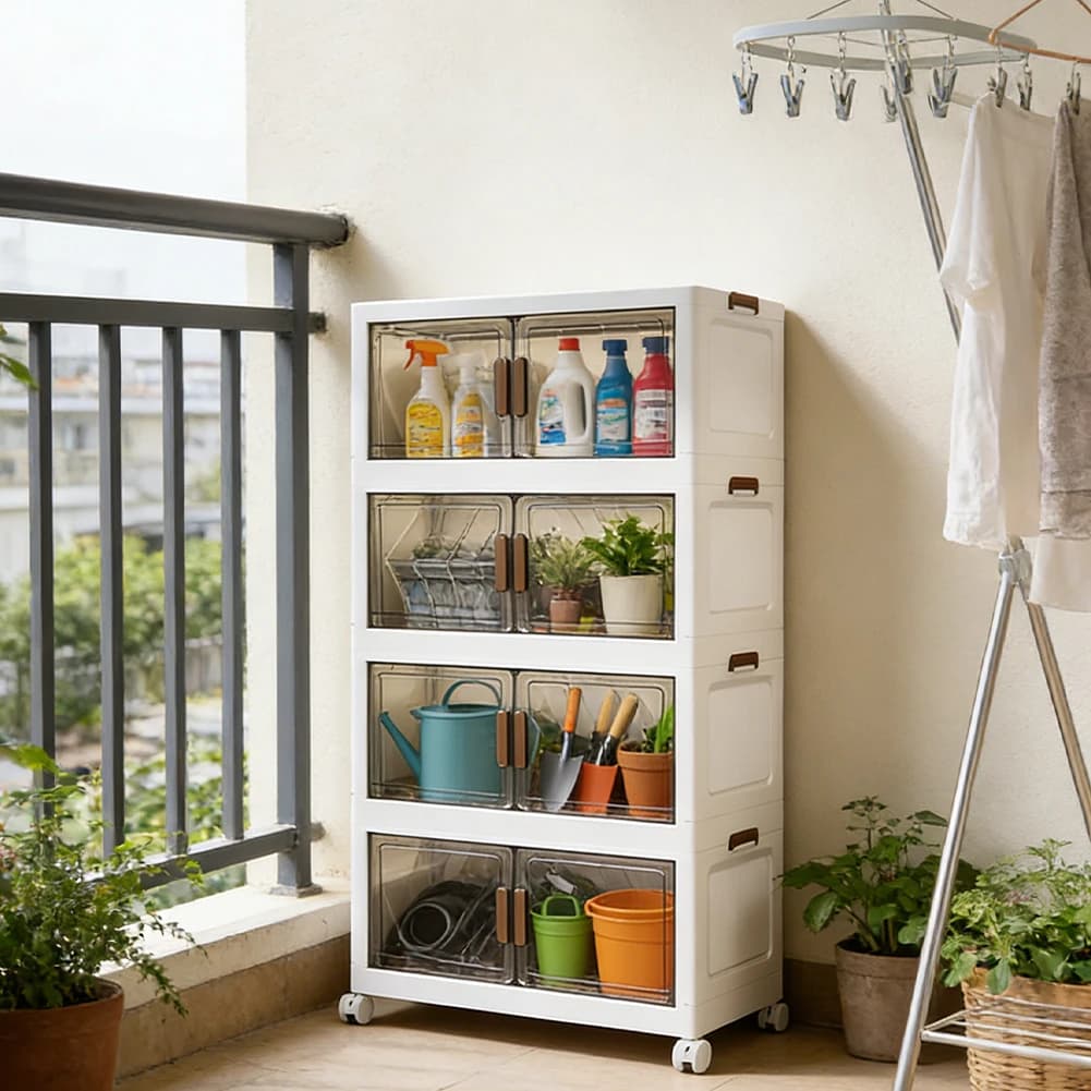4 Level Impilable Containers with Covers, Doors and Wheels, Foldable Drawers for Organization in Living Room, Bedroom, Office