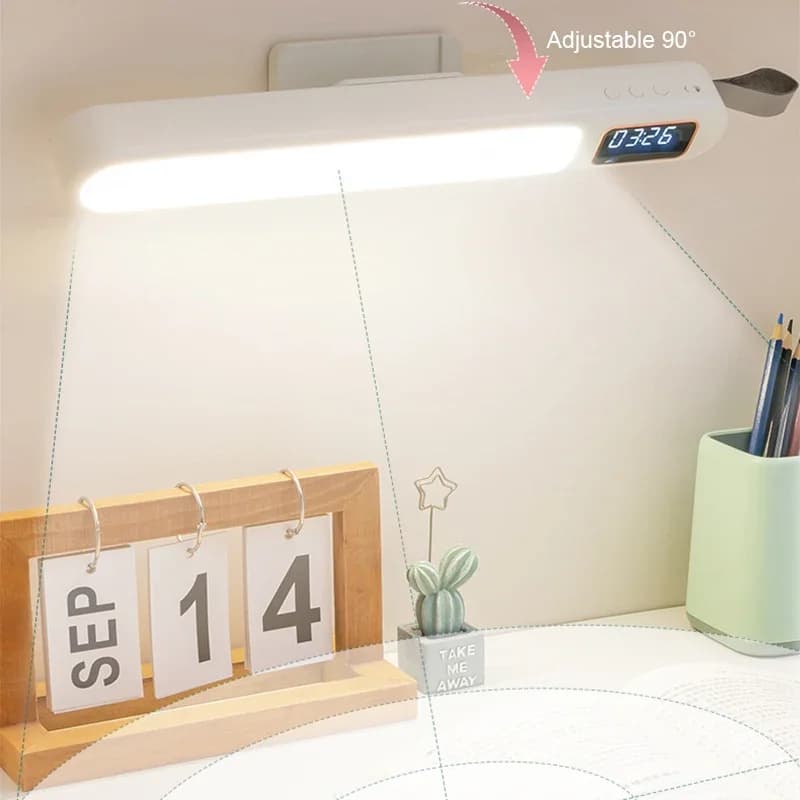 USB LED desk lamp with watch, rechargeable, portable, computer monitor light, dimmable, smart, for reading and study.