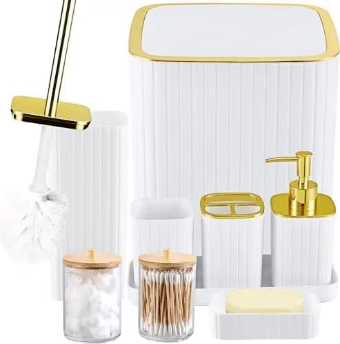 Set di accessori da bagno moderno bianco da 9 pezzi – Scopino per WC, cestino, dispenser per sapone e altro ancora – Accessori essenziali per il bagno