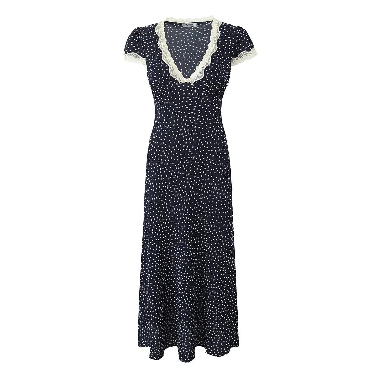 French Style Lace Trim V-Neck Short Sleeve Print Dress Sexy Bodice Beach Long Skirt High Waist Spring Summer Women's Dress