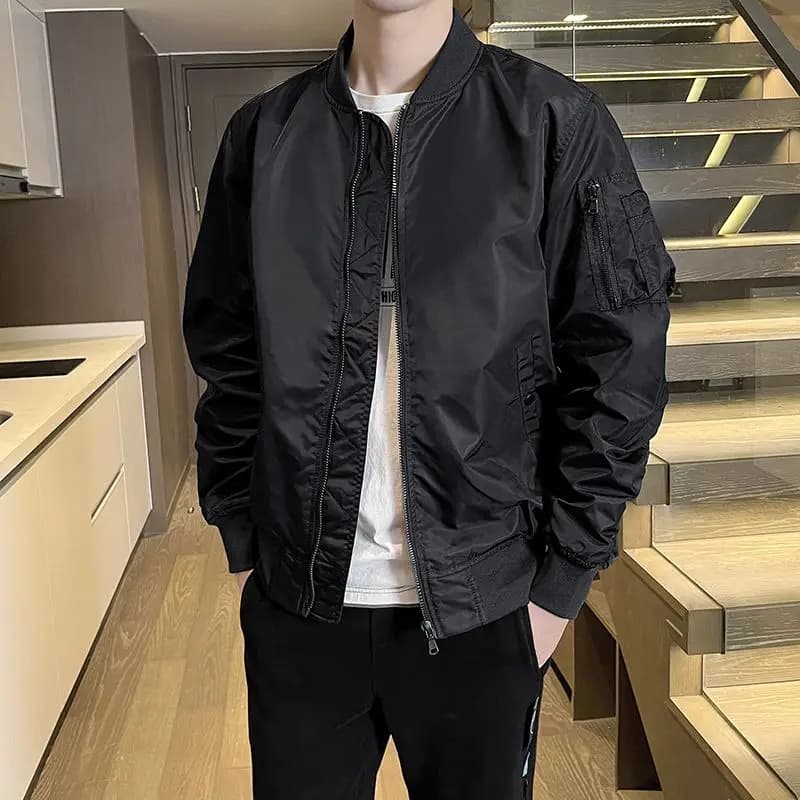 Men's Blue American Style Baseball Jacket Autumn Outerwear Flight Motorcycle Jacket Loose Fit Zipper Decorated Waterproof