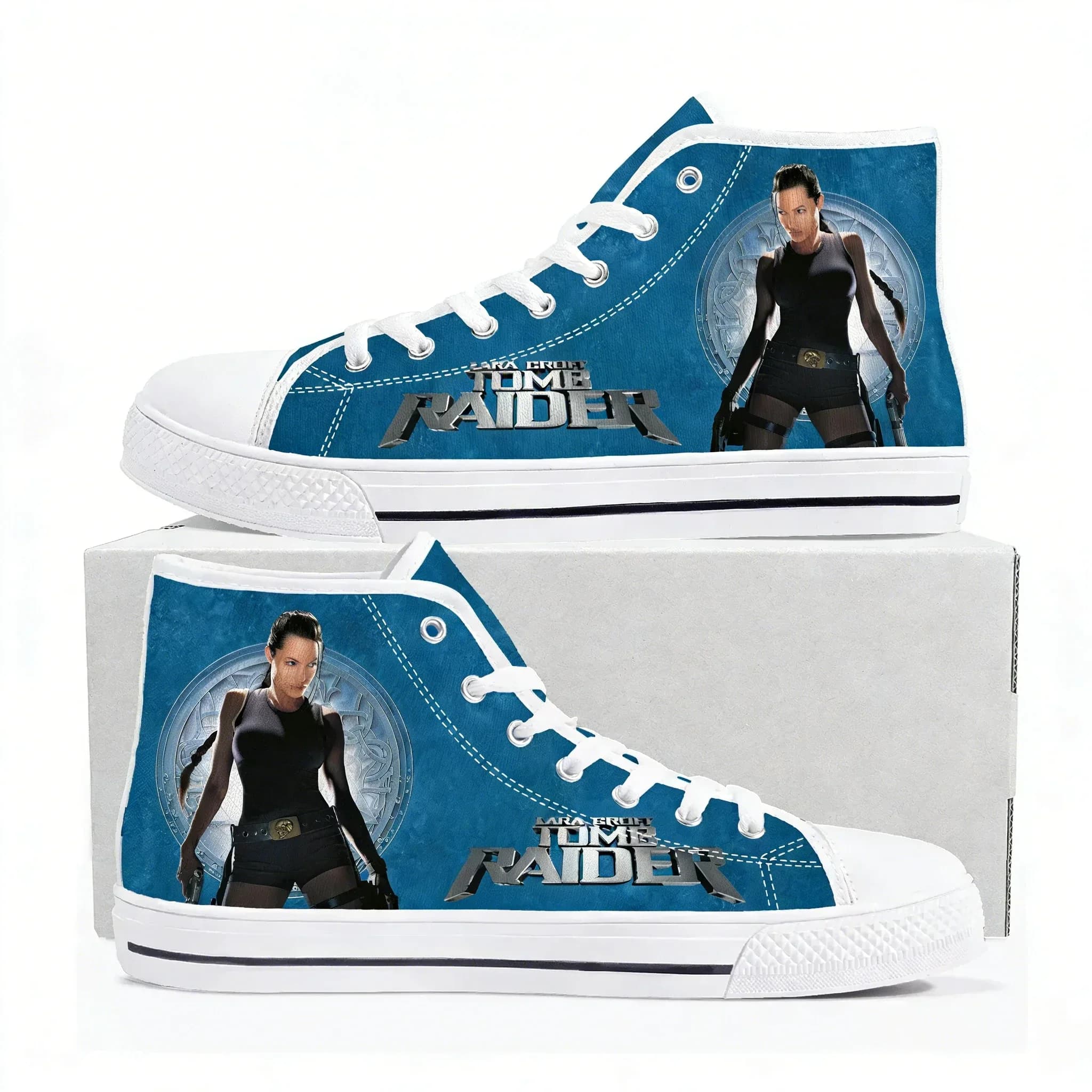 Lara Croft Tomb Raider High Top Sneakers Uomo Donna Adolescente Angelina Jolie Sneaker in tela Scarpe casual per coppia Scarpe personalizzabili