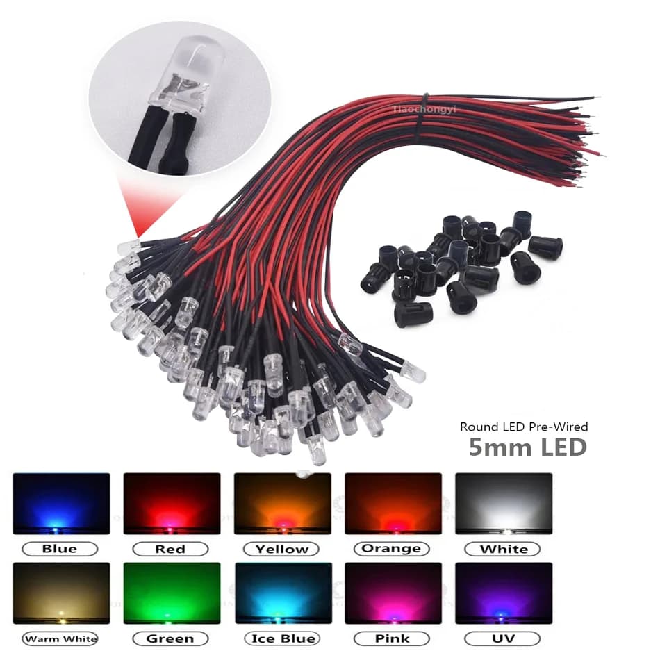 DC 5-12V 5mm Rosso/Blu/Verde/Bianco/Giallo Rosa UV Colore arancione Precablato LED per barca per auto con supporto 10-100 pezzi