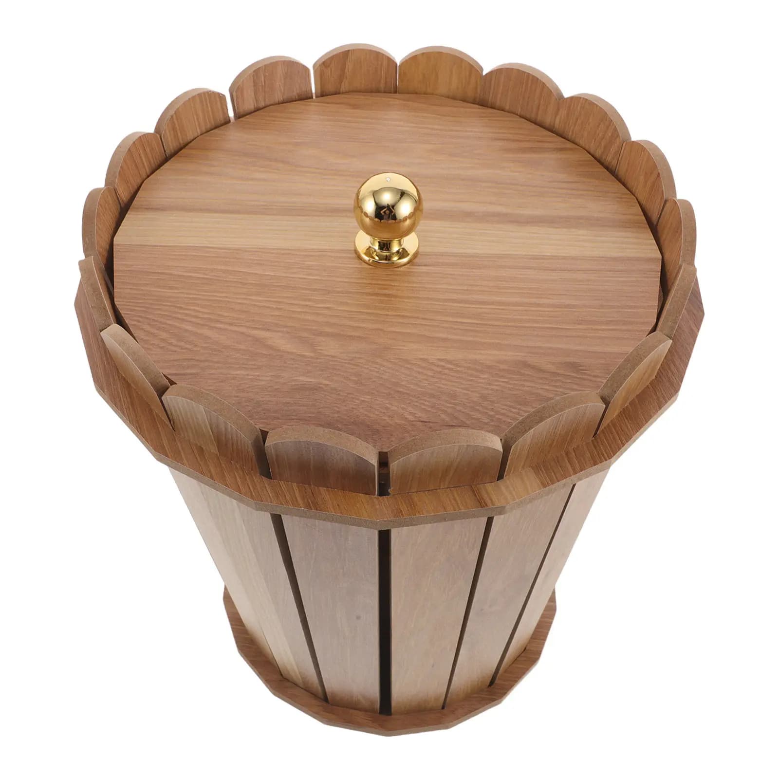 Round Wooden Trash Can with Lid Rustic Farmhouse Garbage Bin Wood Grain Design Sturdy Medium Capacity Wastebasket for Bedroom