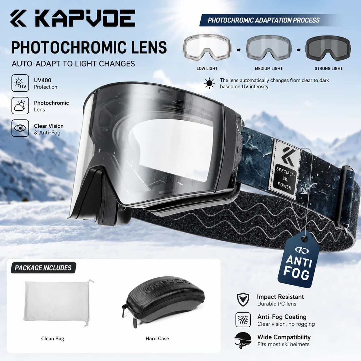 Kapvoe Photochromic Ski Goggle Snowboard Anti-Fog Mask for Men Women Eyewear Kit UV400 Protection Snow Glasses Snowmobile Winter