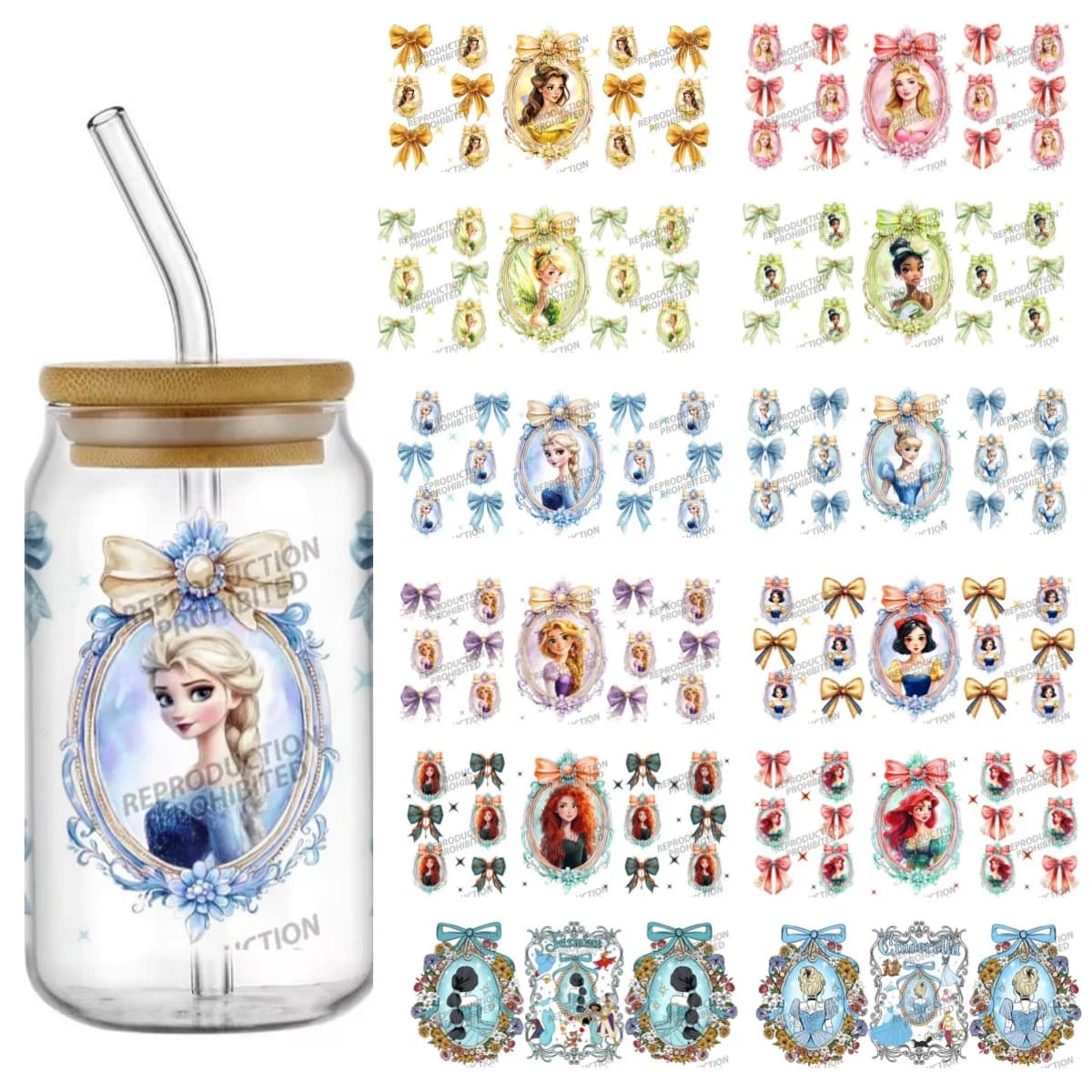 Serie Principesse Cartoon Assortite, Adesivi UV DTF per Bicchieri da 16oz Libbey, Decalcomanie Fai-da-Te, Trasferimenti 3D, Adesivi per Bicchieri