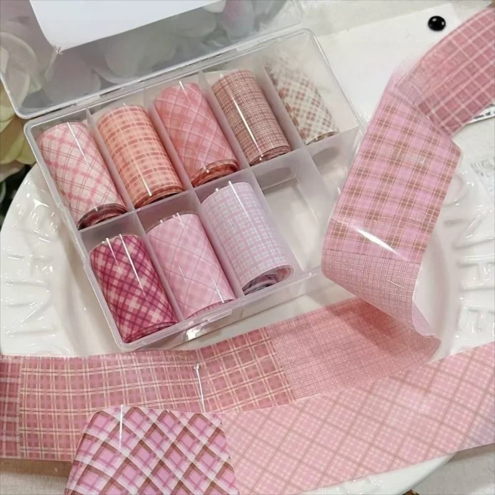 10 rotoli dolce rosa griglia nail art lamina nail stamping stelle adesivi per nail art modello scozzese decalcomanie per manicure nail art fai da te