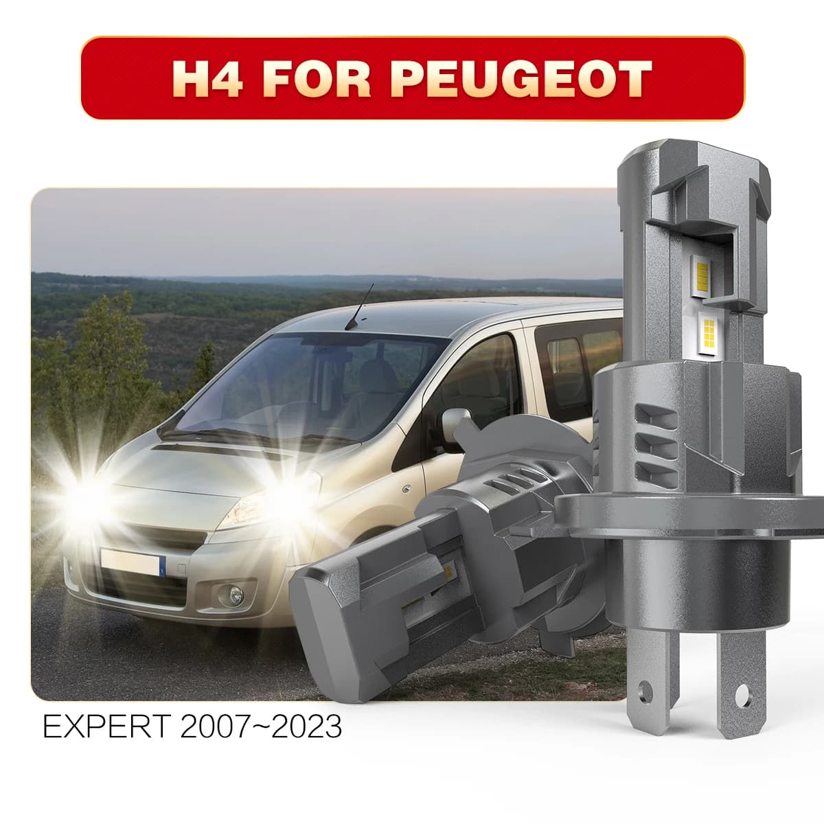 AUHSSAN 2x H4 9003 HB2 High Low Beam Car Led Lampadina per fari Canbus 6000K Bianco Fendinebbia Lampada a diodi per Peugeot Expert 2007 ~ 2023