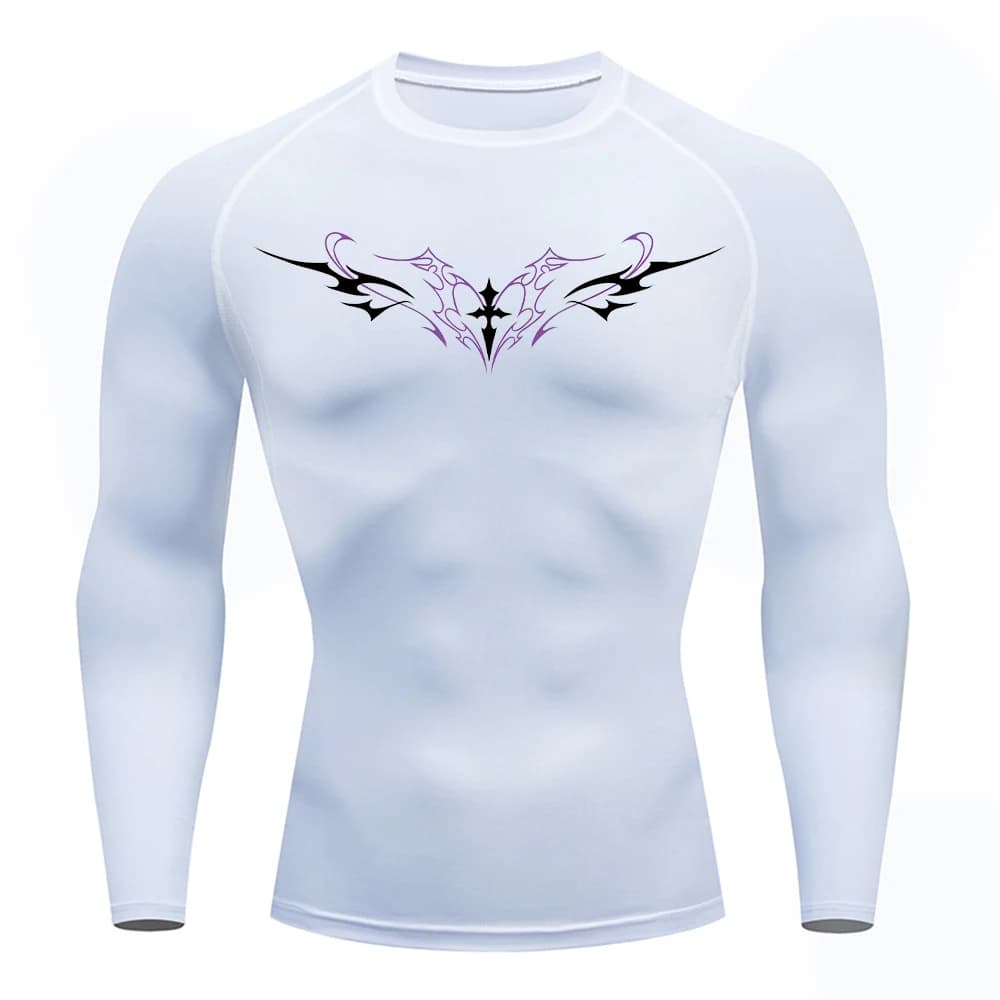 Men's Gothic Cross Wings Print Compression T-Shirt Elastic Quick Drying Long Sleeve Sports Fitness Training Running Base Shirt