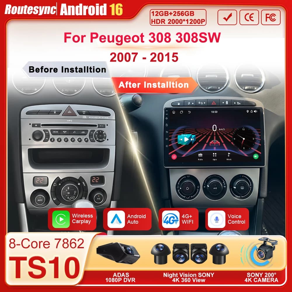 For Peugeot 408 and 308/308SW (2007-2015) - Autoradio Android 16 with Carplay, Multimedia Screen, Stereo GPS 8 Core
