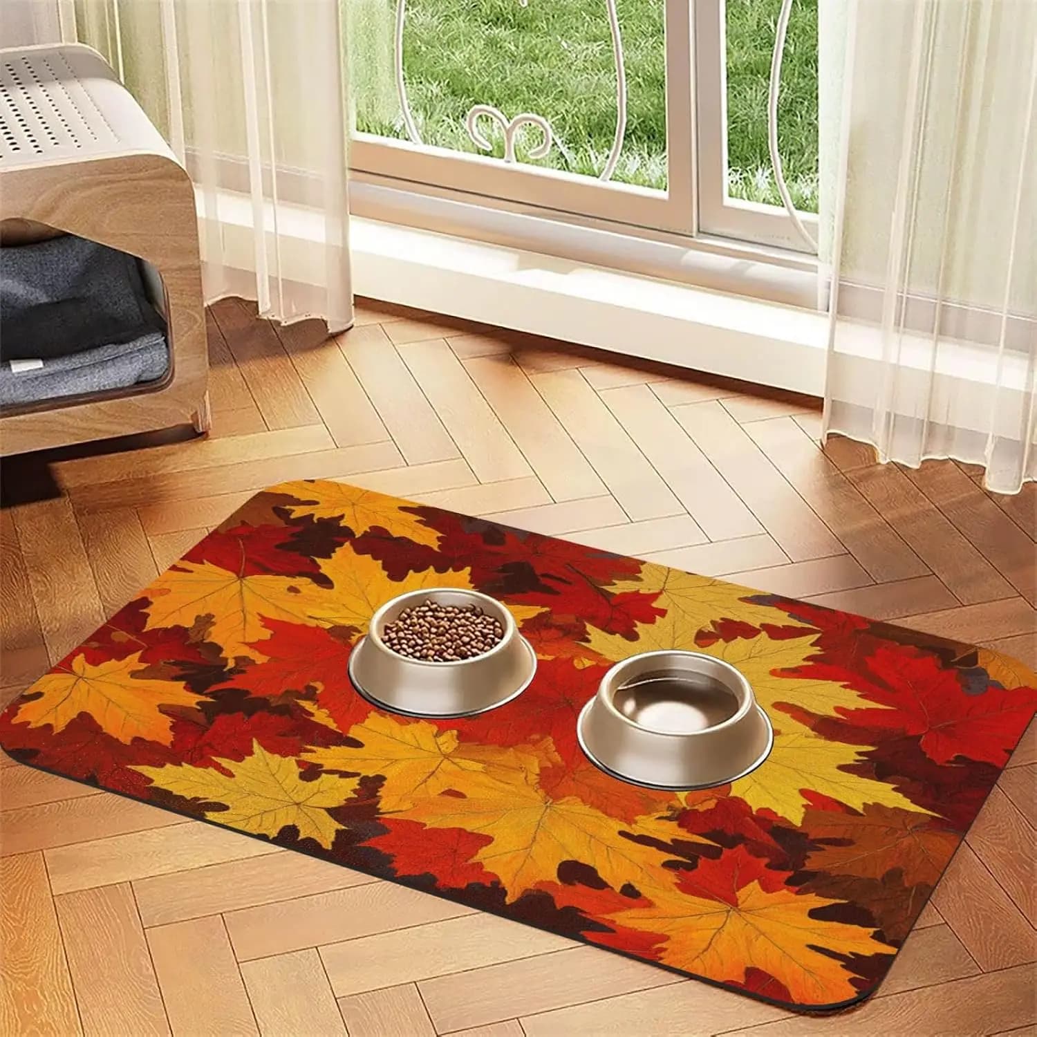 Maple Leaves Autumn Pet Feeding Mat Large Dog Food Mats Absorbent Leather Placemat for Dogs Cats Bowl Mat Food