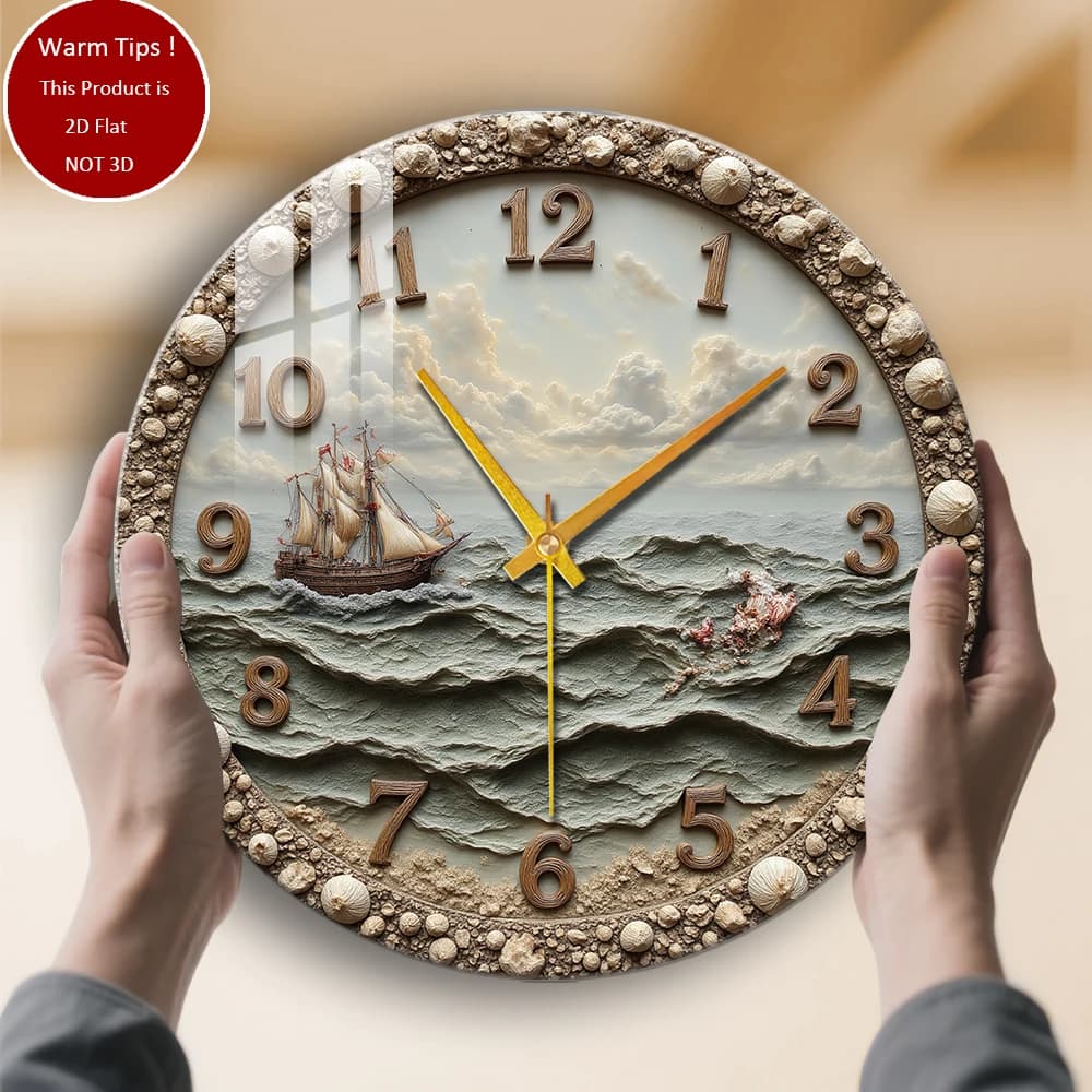 Tempered glass wall clock, sailboat, ocean waves, shell frame, suitable for wall decorations or table displays anywhere