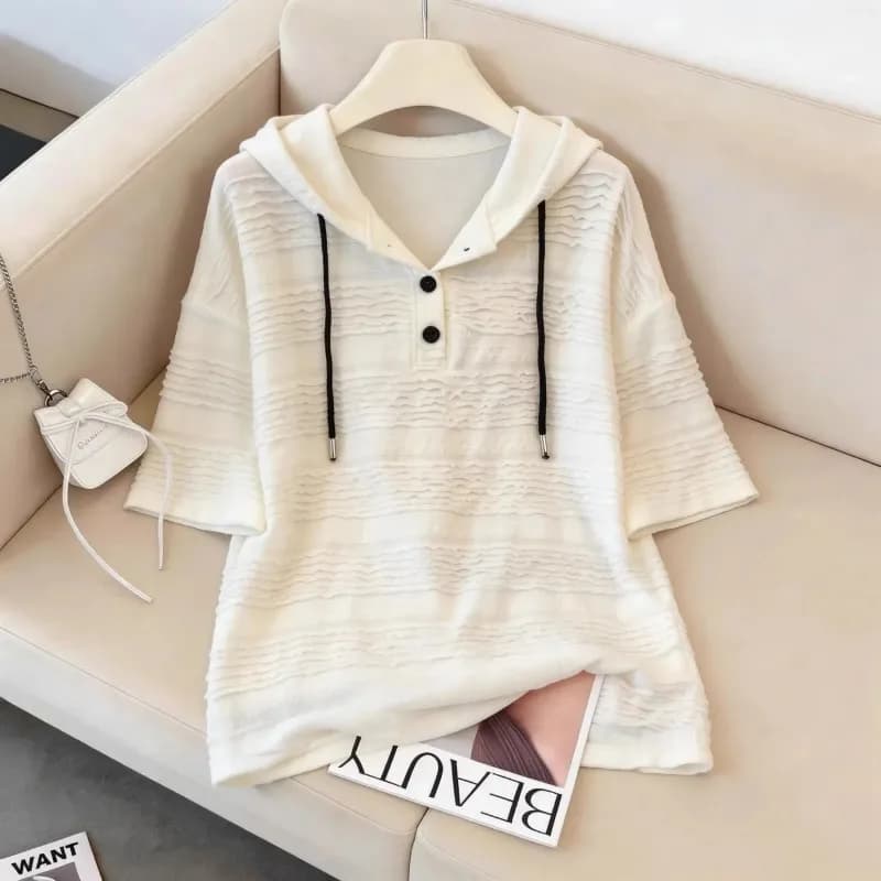 Women's Textured Hooded T-Shirt Half Sleeve Loose Summer Casual Top