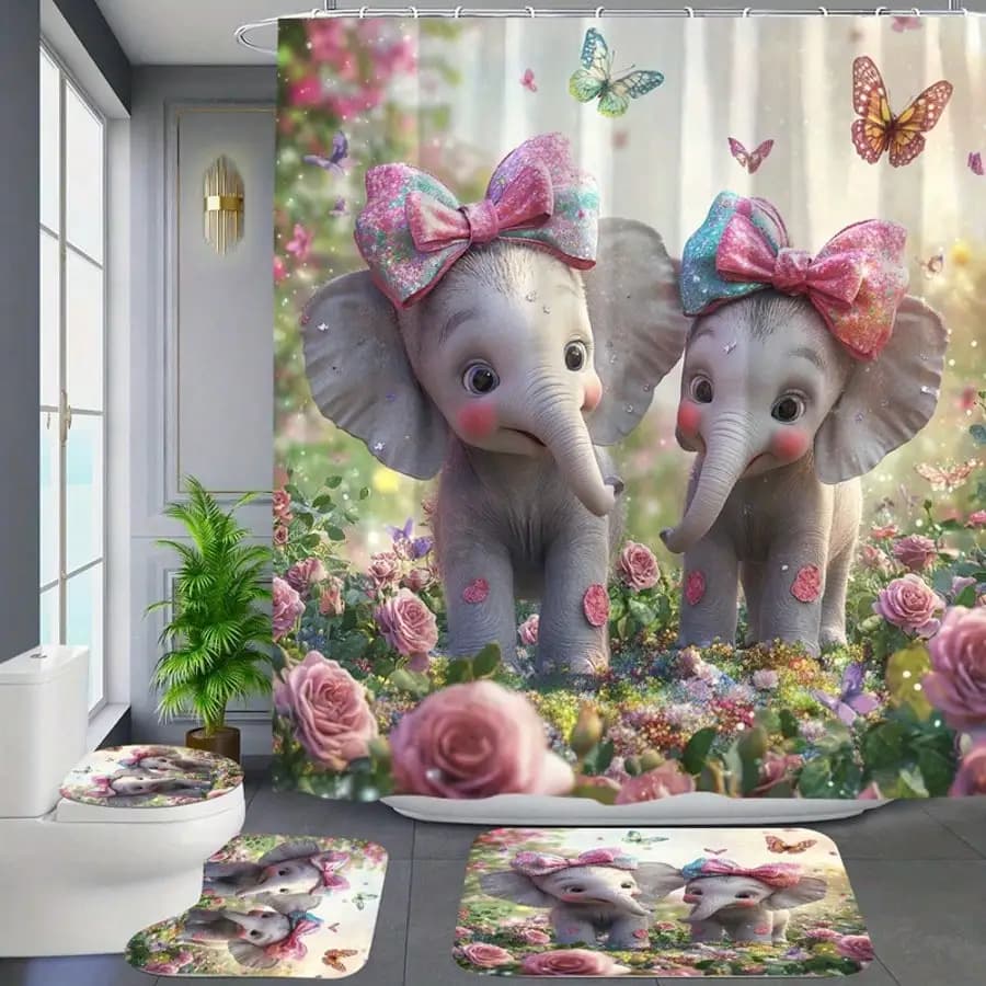 Set da bagno da 4 pezzi con stampa di elefante carino, inclusa tenda da doccia, ganci per tende da doccia, tappetino da bagno antiscivolo e WC a forma di U