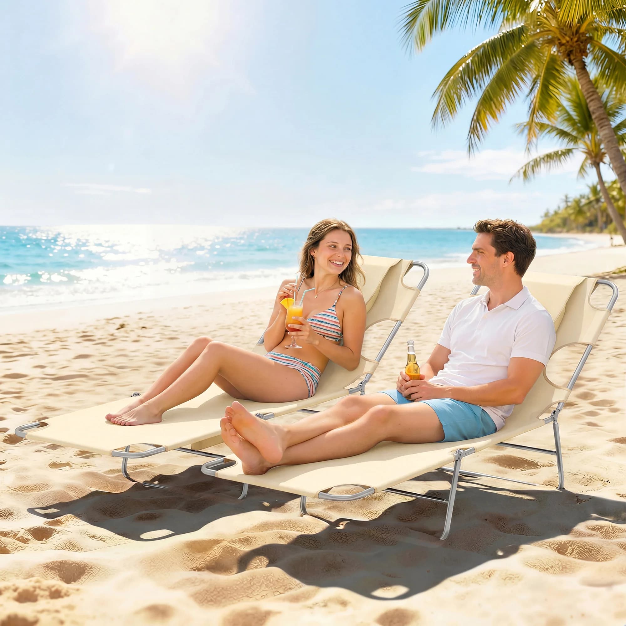 Set di 2 sedie prendisole beige con foro per il viso, 5 livelli regolabili, chaise longue con cuscino, pieghevoli e leggere per spiaggia e piscina