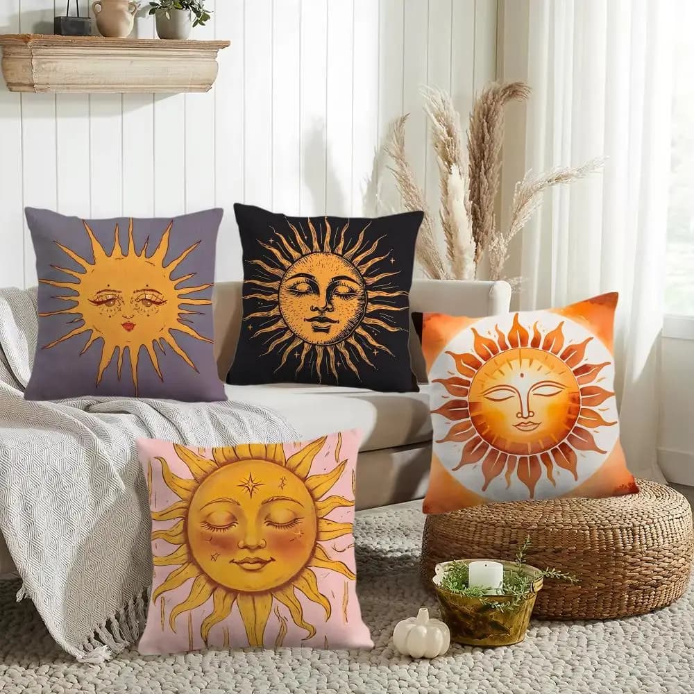 Sun Cushion Cover Double-Sided Printed Organic Linen Pillow Cover, Decorative for Sofa Home