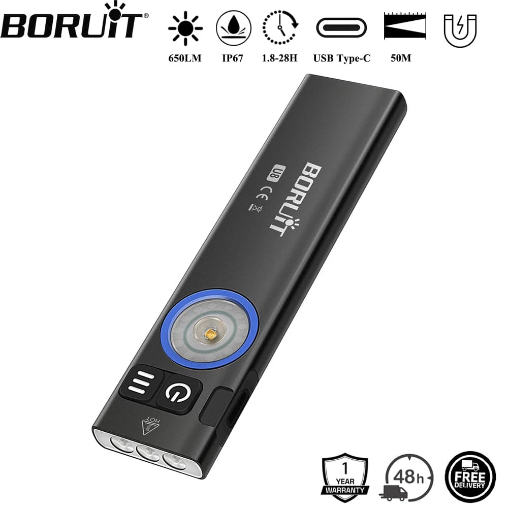 BORUiT U8 650LM EDC LED Flashlight Type-C Rechargeable Work Flashlight with Magnet Waterproof Camping Pocket Lantern