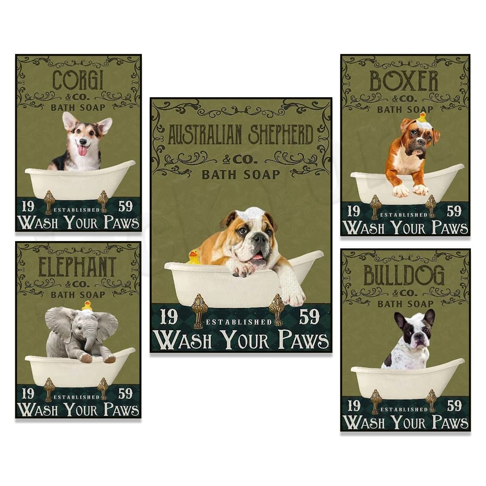 Disinfettante per le mani con sapone da bagno, elefante, bulldog, corgi, pastore australiano, divertente poster da bagno boxer, regalo per gli amanti degli animali
