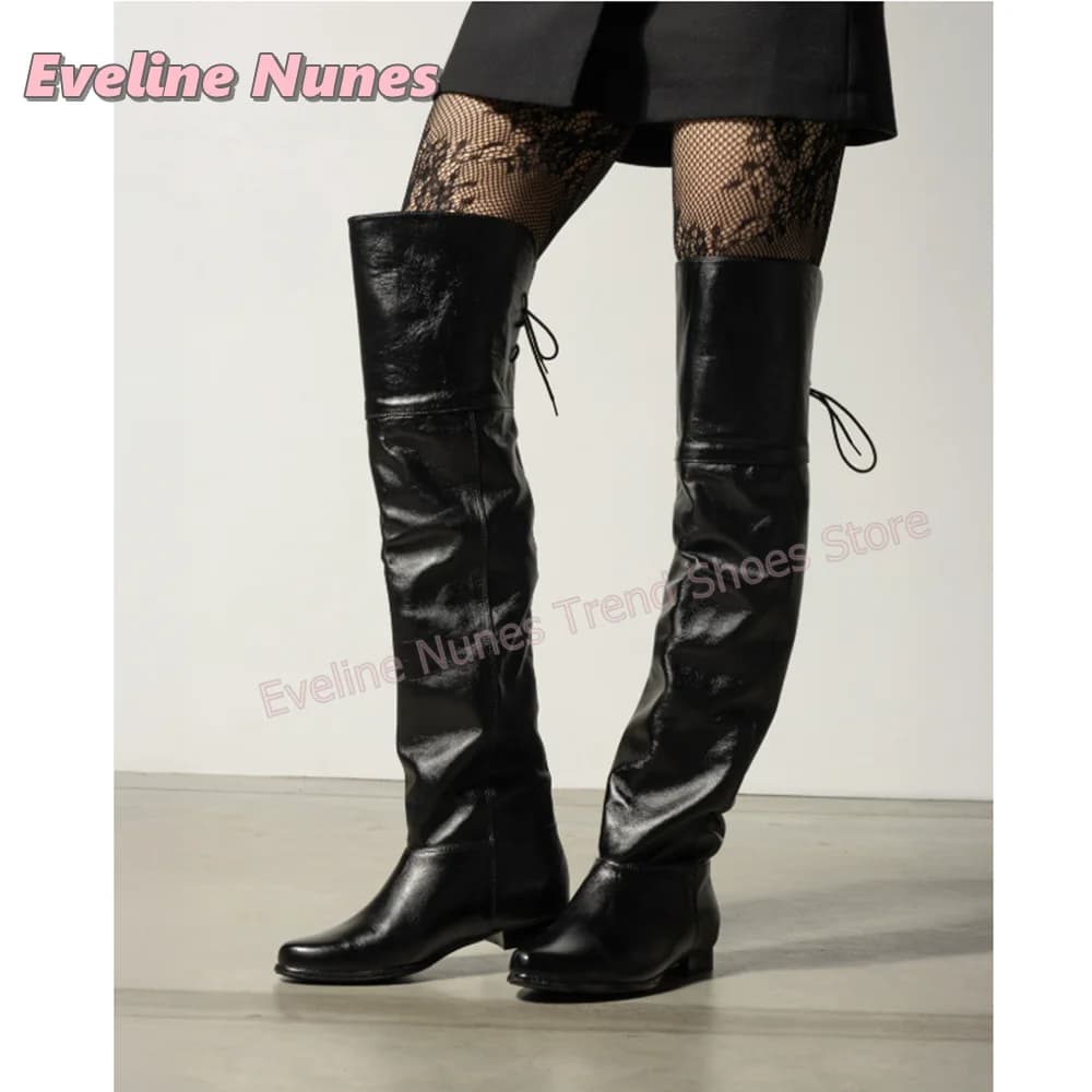 Vintage Slouchy Over The Knee Boots for Women Black Soft Round Toe Square Heel Back Drawstring Lace Up Long Boot Casual Shoes