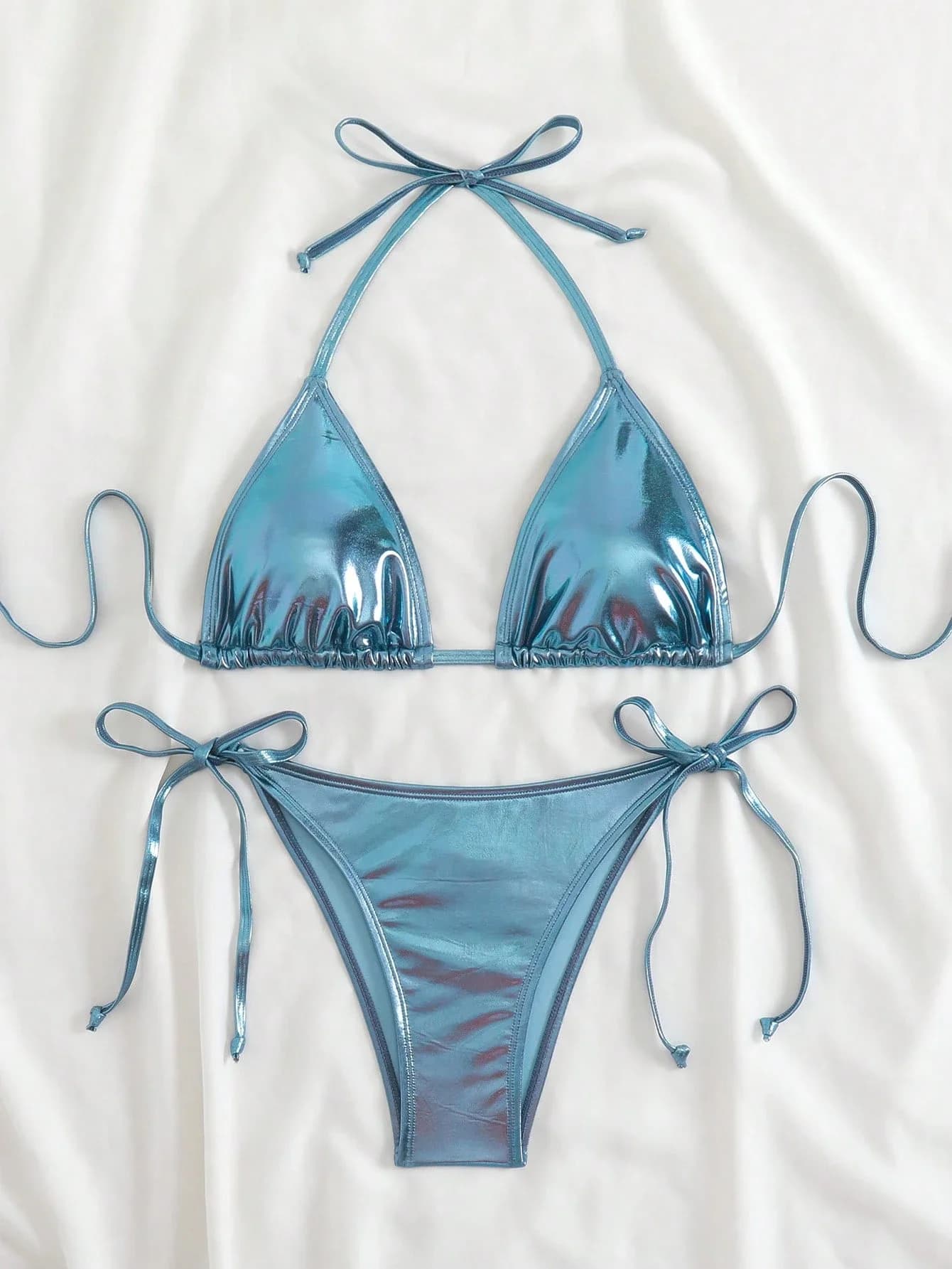 Halter Tie Side Metallic Blue Bikini Set For Beach Vacation