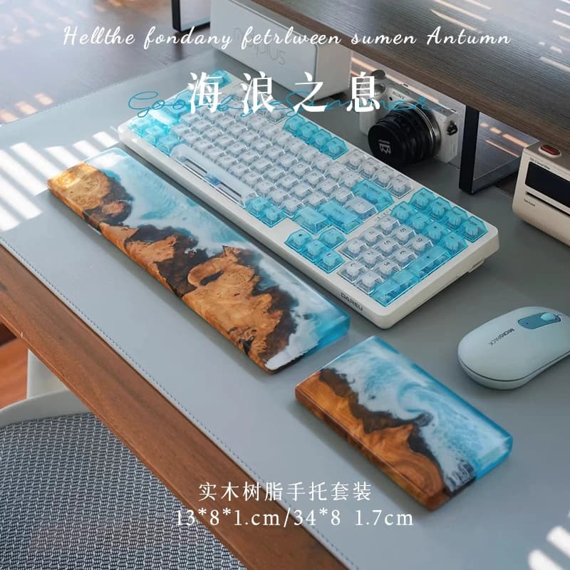 Handcrafted Ocean Wave Resin Wood Wrist Rest Ergonomic Keyboard Palm Support Unique Desk Decor Custom Game Office Accessories