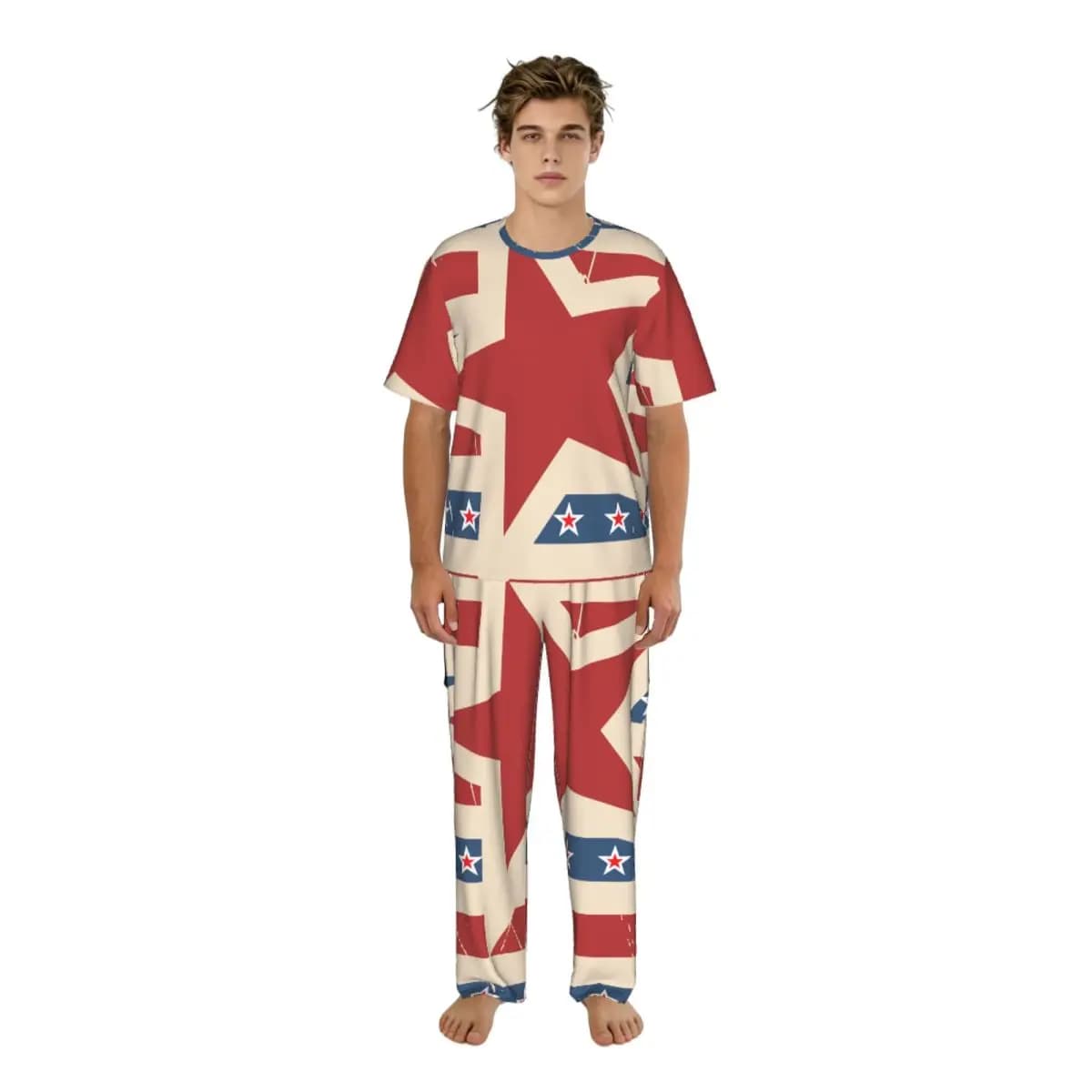 Pigiama da uomo estivo con top a maniche corte + pantaloni lunghi, abbigliamento da notte, abiti da casa, pigiama con motivo a stelle e strisce americane