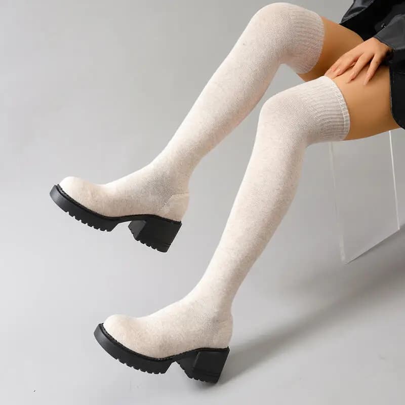 Stivali sopra il ginocchio con piattaforma robusta da donna 2026 Stivali con calzino elastico con tacco alto con fondo spesso autunnale Stivaletti lunghi di marca