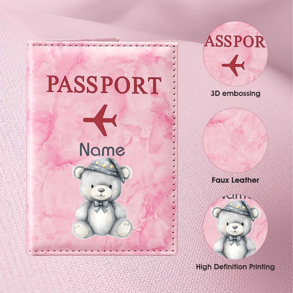 Personalized Name/Initials Bear Passport Holder with Gray Top Hat & Bow - PU Suitable for Travel, Honeymoon, Business Trips