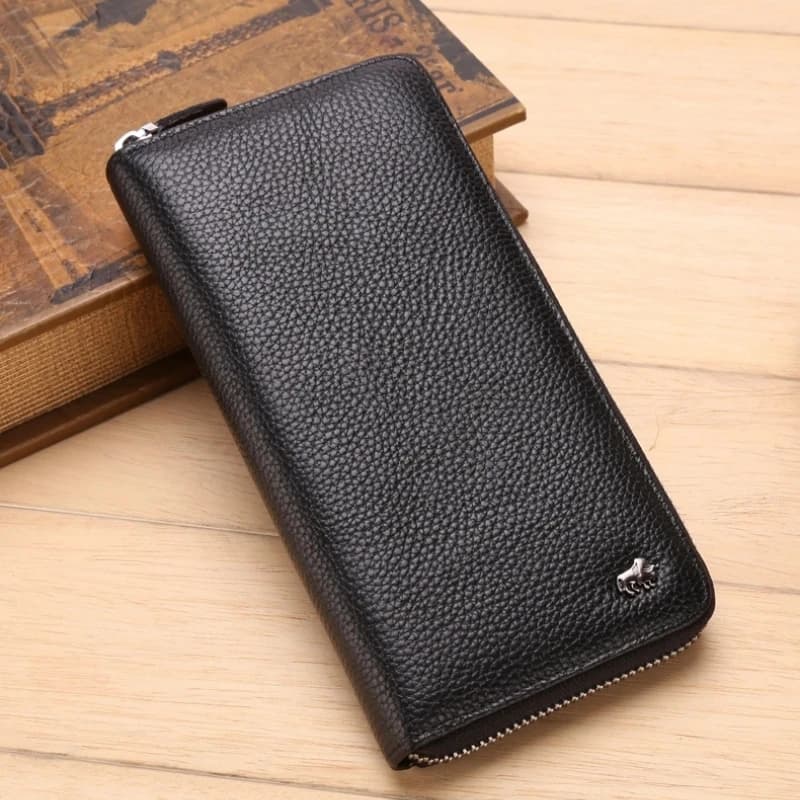 BISON DENIM Portafoglio lungo in vera pelle di vitello con blocco RFID Pochette Porta carte Portamonete Portamonete con cerniera Portafogli lunghi da uomo