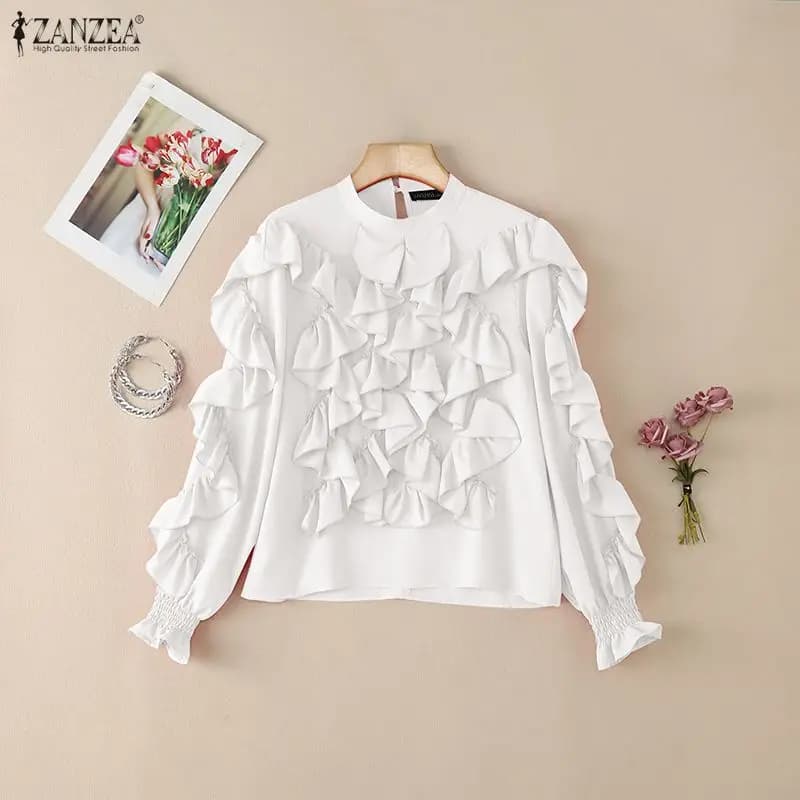 2026 ZANZEA Sping Elegant Long Sleeve Ruffled Blouse Women Office Shirt Elegant Stand Neck Buttons Up Blouses Chic Tops Mujer