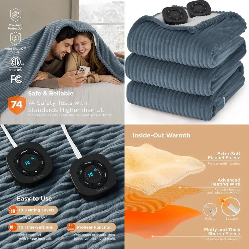 Coperta Elettrica in Flanella a Costine Morbida Misura King con Doppio Controllo, 10 Impostazioni di Calore e 10 di Tempo, Spegnimento Automatico Dopo 8 Ore