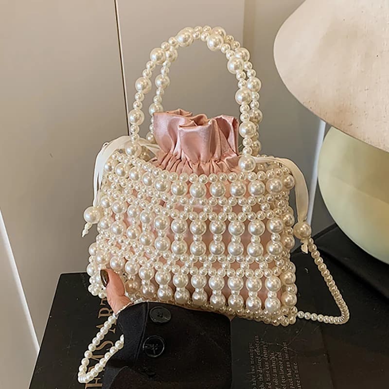 Borsa a tracolla leggera con perle di lusso per donna Borse a tracolla tessute fatte a mano patchwork estivo Borse con coulisse con perline alla moda