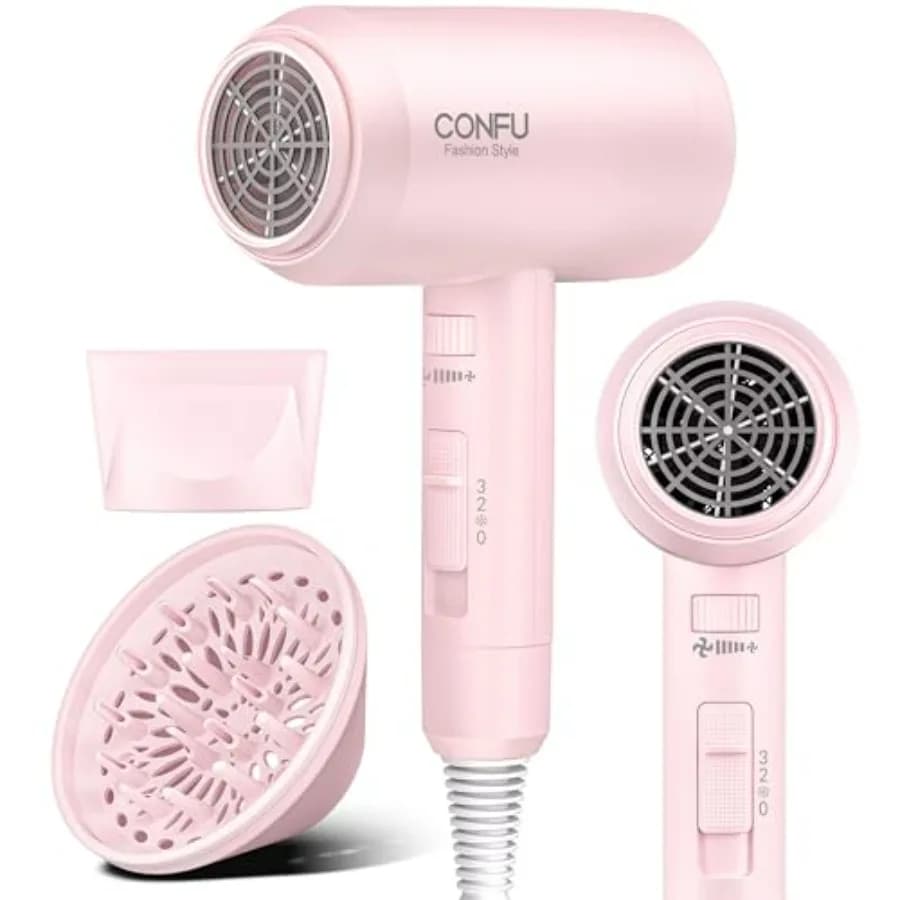 Asciugacapelli portatile leggero ad asciugatura rapida con ioni negativi e diffusore per uso domestico, ideale per donne e uomini, nero