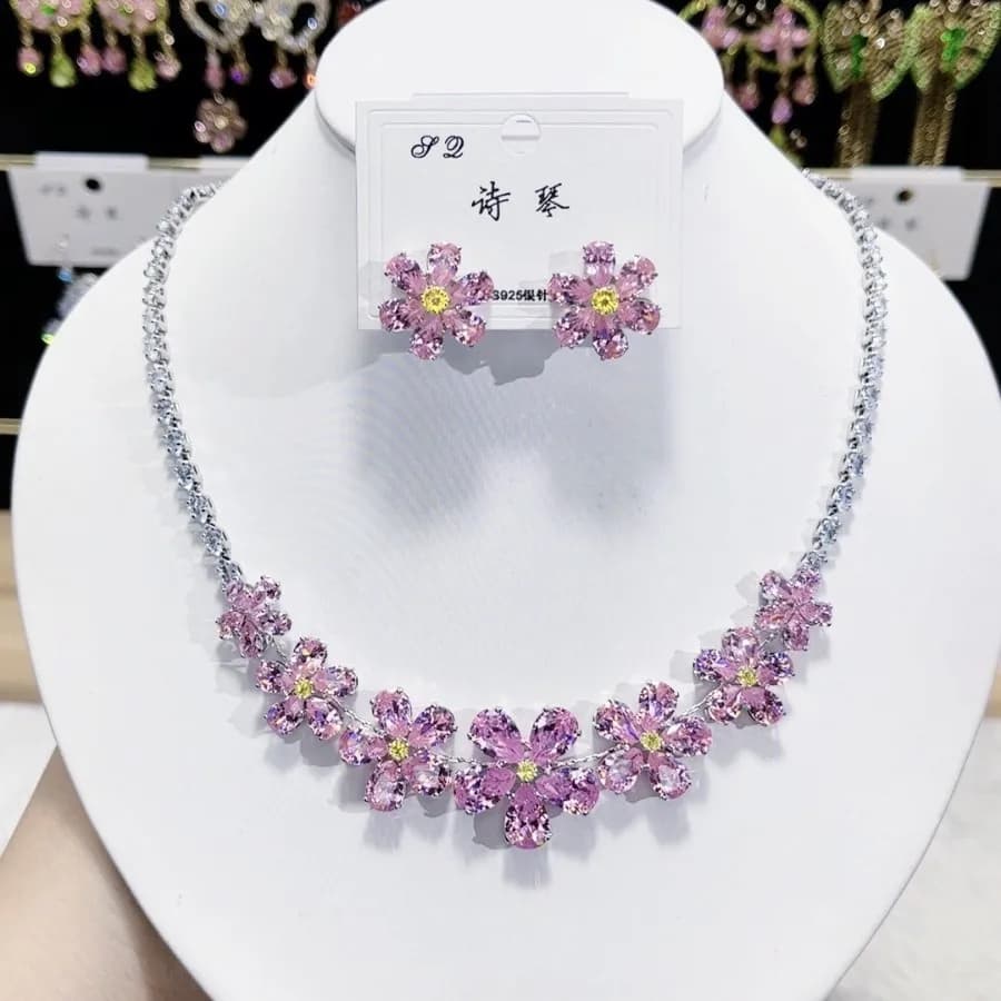 Set di gioielli da sposa di lusso Fiore rosa fatto a mano CZ Cubic Zirconia Collana Orecchini Set S925 Gioielli di fidanzamento per matrimonio post