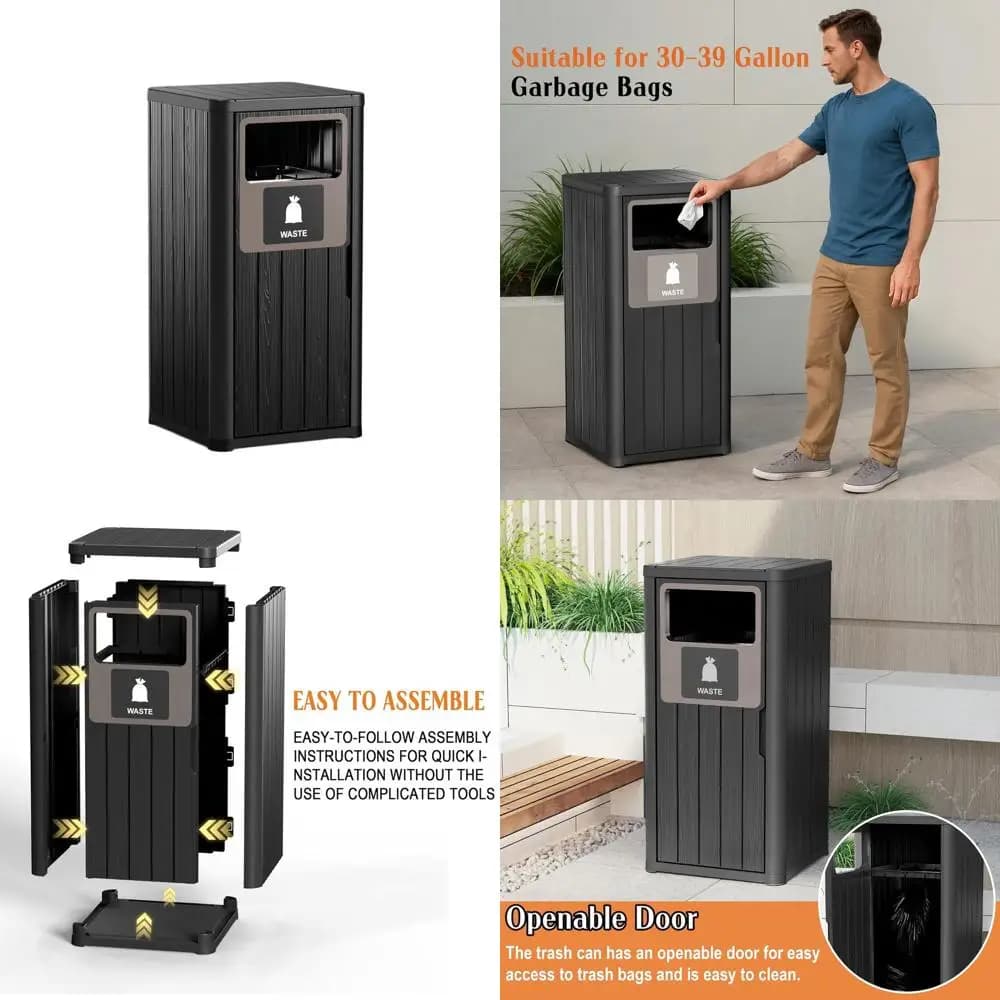 Cestino per rifiuti da esterno a secchio singolo con resina impermeabile, etichettato per la raccolta differenziata, ideale per portico, giardino, cucina, 30-39 galloni