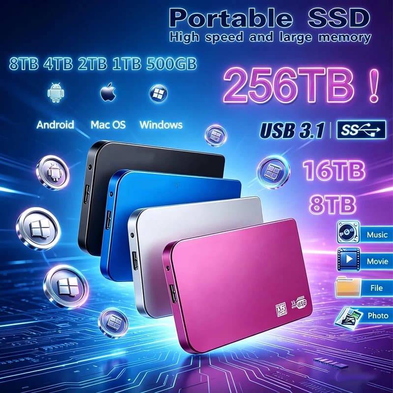 Box esterno per SSD USB 3.0 da 256TB ad alta velocità, custodia mobile per disco rigido con cavo USB in ABS