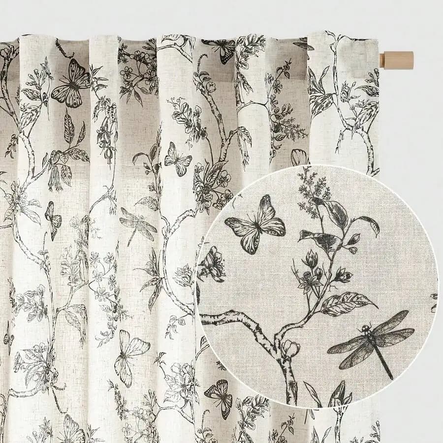 Linen Farmhouse Curtains Blue Floral Curtains 63 Inch Length Back Tab Drapes For Living Room Bedroom Light Filtering Country