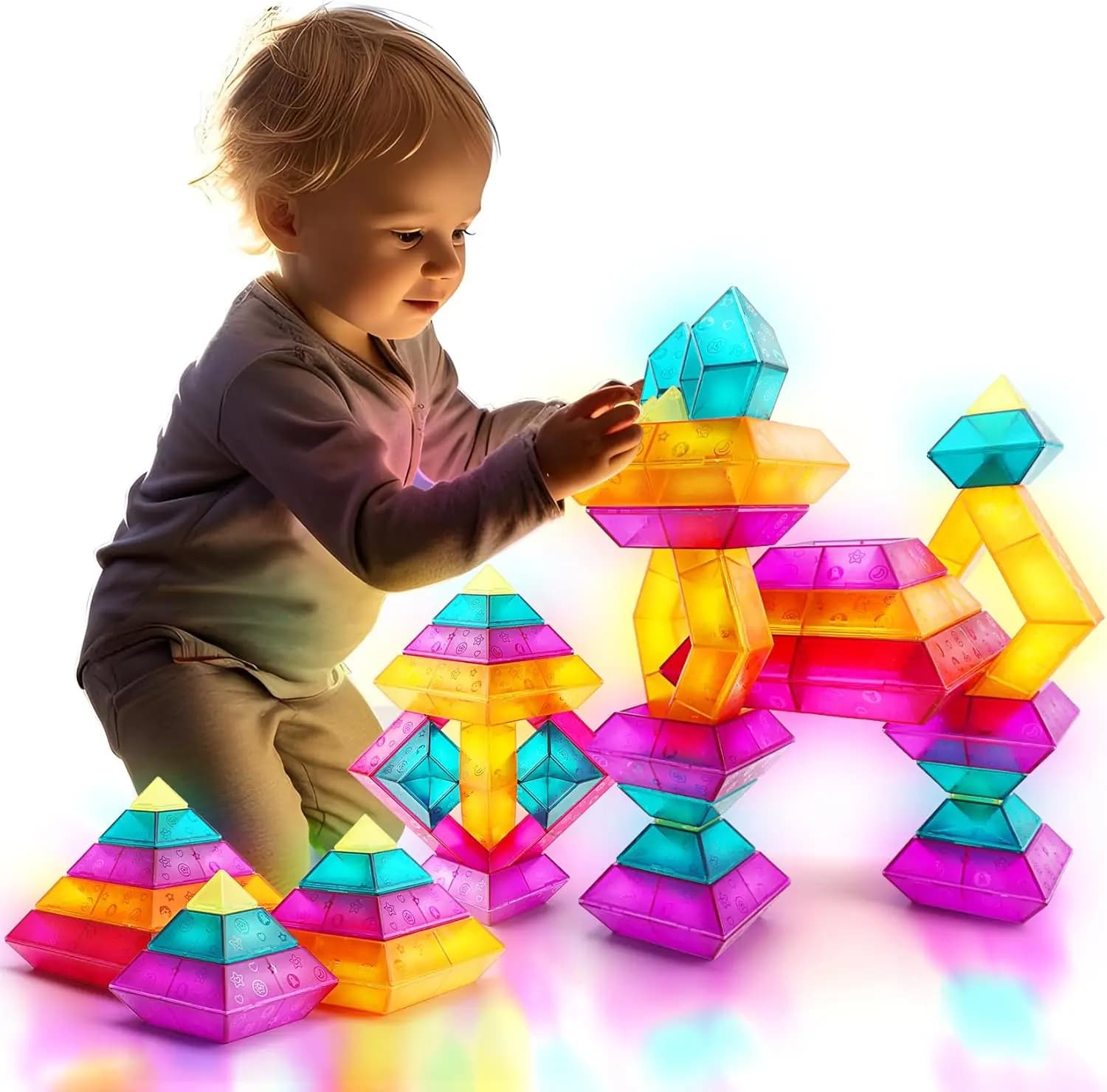Set di 30 Blocchi da Costruzione STEM per Bambini dai 3 ai 6 Anni, Compatibili con Tavolo Luminoso, Giocattoli Educativi Impilabili