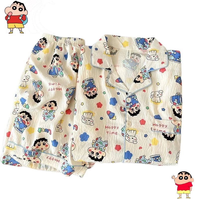 Cute Crayon Shin-chan Fully Printed Pajamas Set Anime Cartoon Summer Soft Short-sleeved Shorts Ins Style Home Clothes