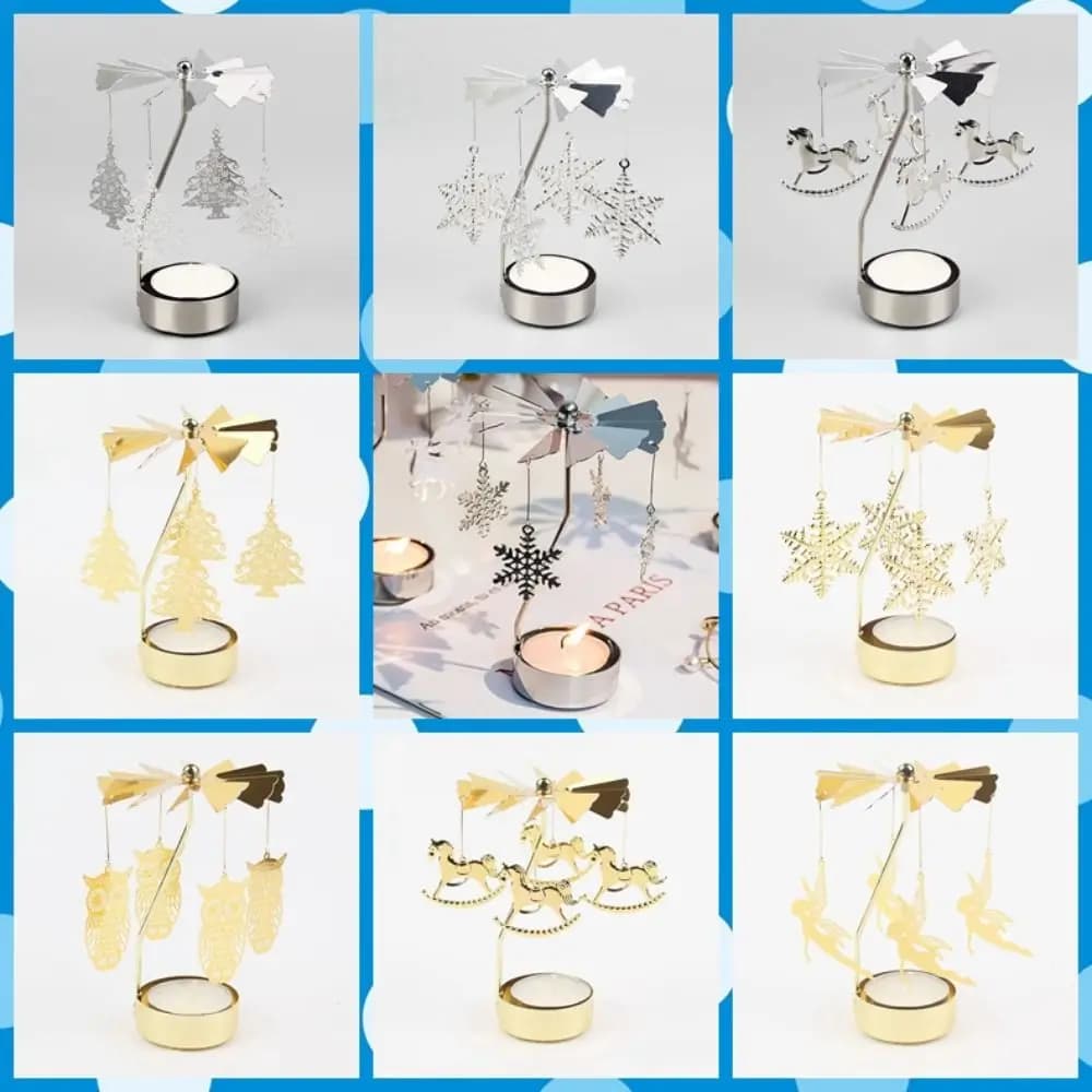 Metal Metal Rotating Tea Light Holder Gold Silver Hollow Christmas Rotating Candle Holder Angel Carousel Pattern