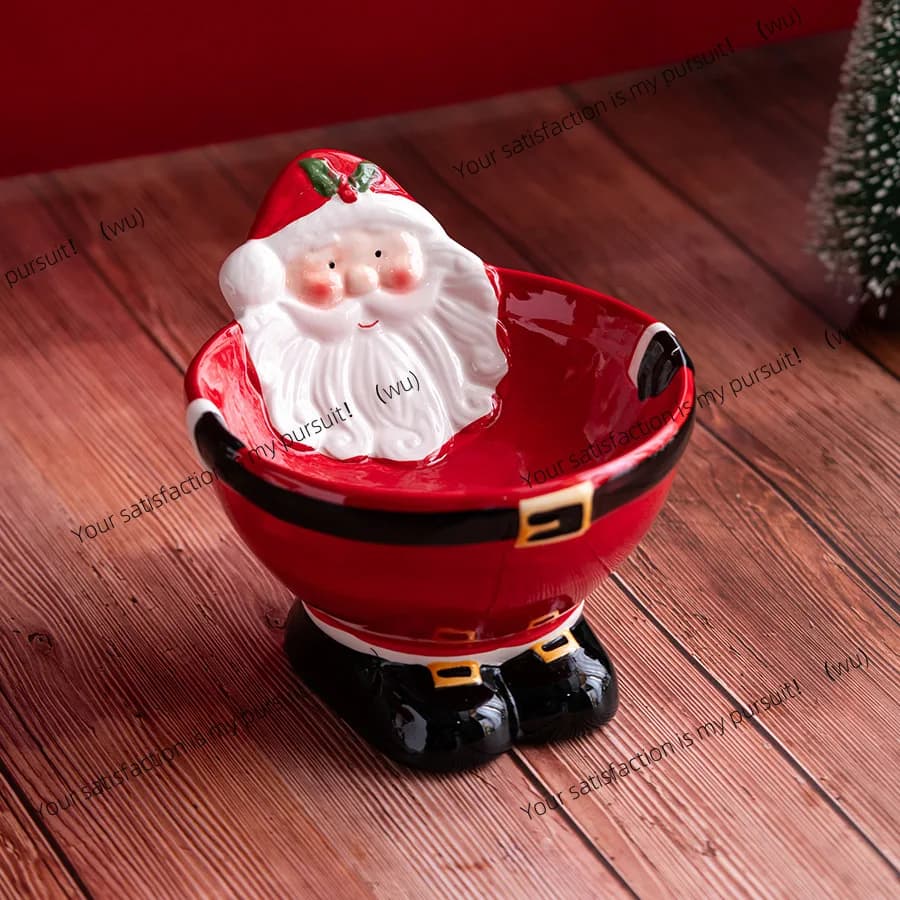 Ciotola per gatti in ceramica alta di Babbo Natale Ciotola per animali domestici Protezione per il collo dei cartoni animati Bacino per cibo per cani e gatti Scatola di immagazzinaggio creativa Ornamento da tavolo