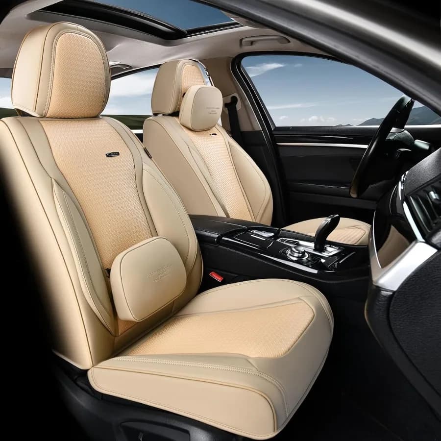 Coprisedili anteriori in pelle nappa impermeabile universale con supporto lombare e cuscino per la testa per la maggior parte delle auto Coprisedili per auto beige