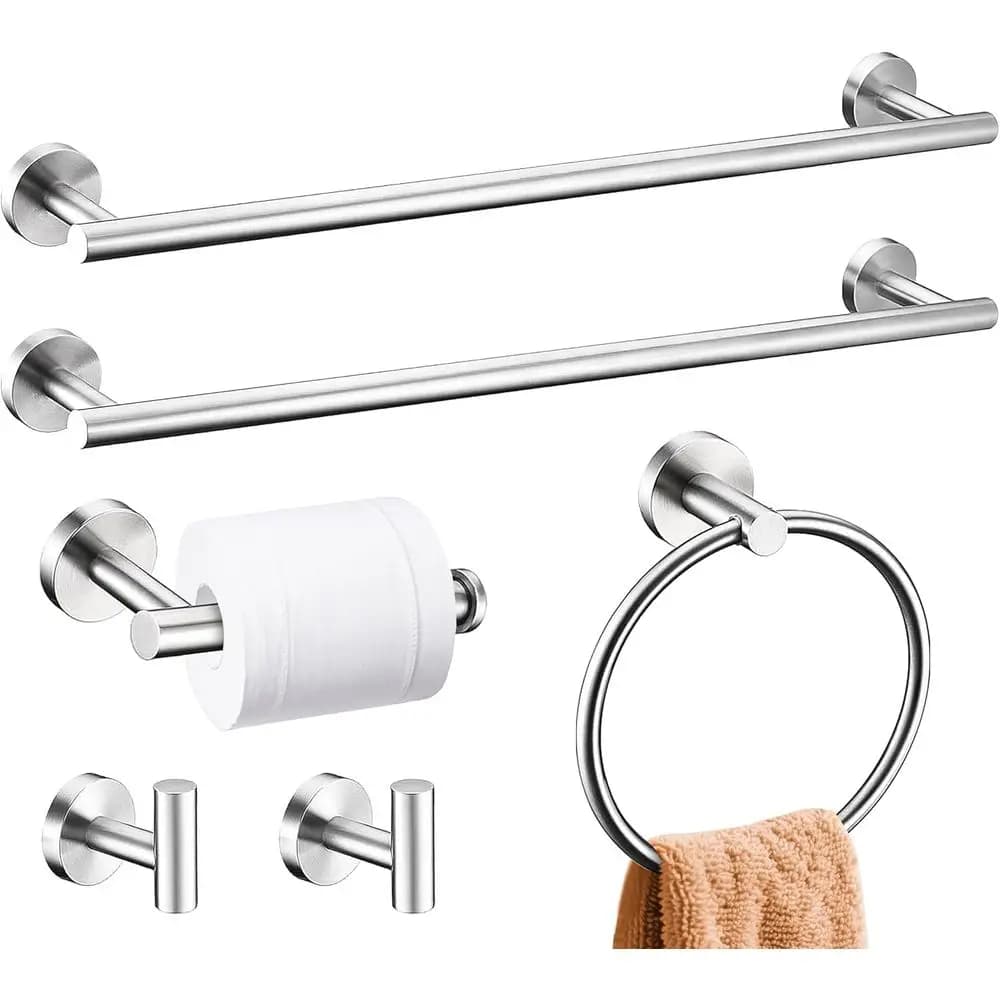 Set di 24 Accessori per Bagno in Acciaio Inox Spazzolato con Portasciugamani Rotondi e Barre Portasciugamani da Parete