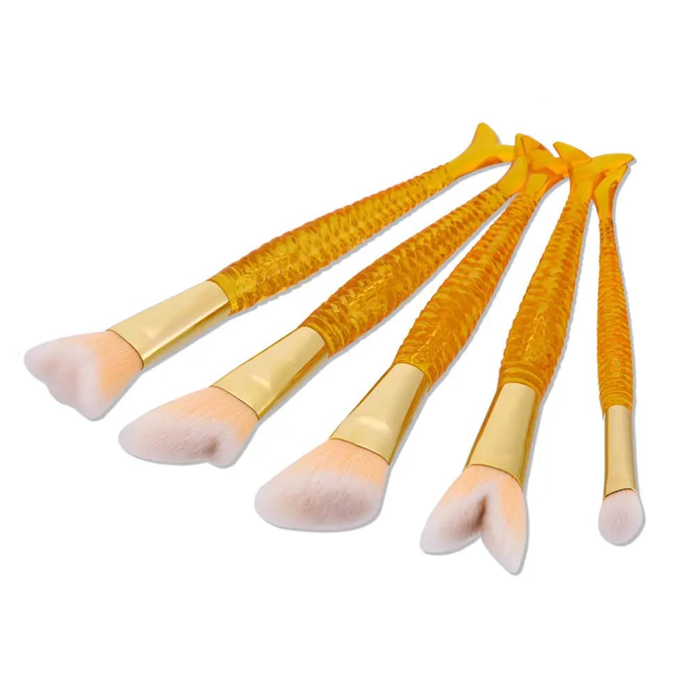 5 piece makeup brush set, mermaid-shaped, with hypoallergenic soft bristles, without loss of hair, portable for eyebrows, eyelashes, cheeks