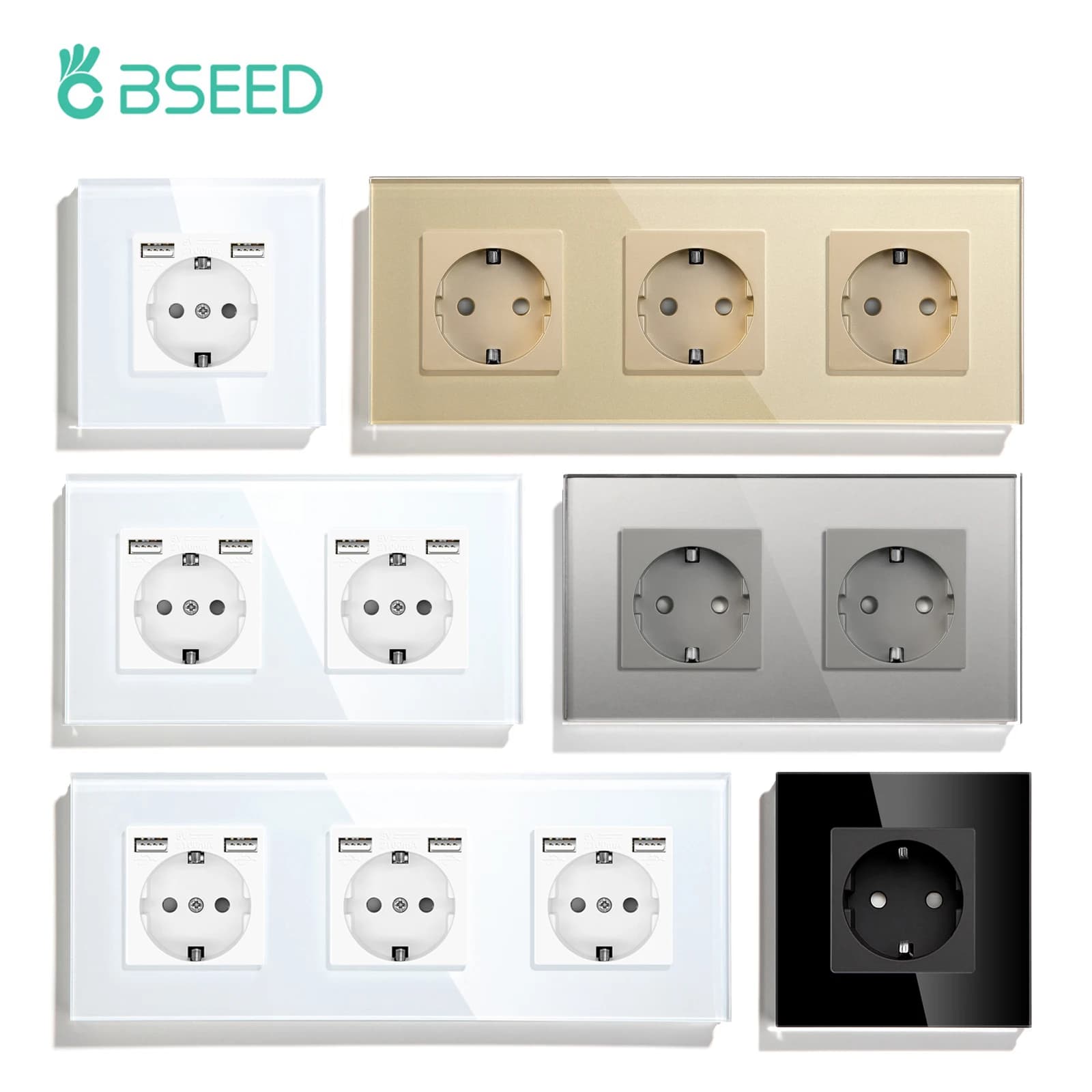 BSEED Prese a muro UE Spine singole Prese doppie 5V 2.1A Presa USB Carica telefono Pannello in vetro Prese di alimentazione Protezione per bambini 16A
