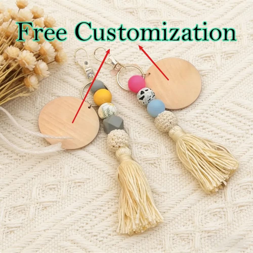 Free Personalized Keyring with Margarita Shape Silicone Beads, Wooden Keyring Ring with Nappa, Hand-made Bag Decoration, Custom Gift for Mother's Day