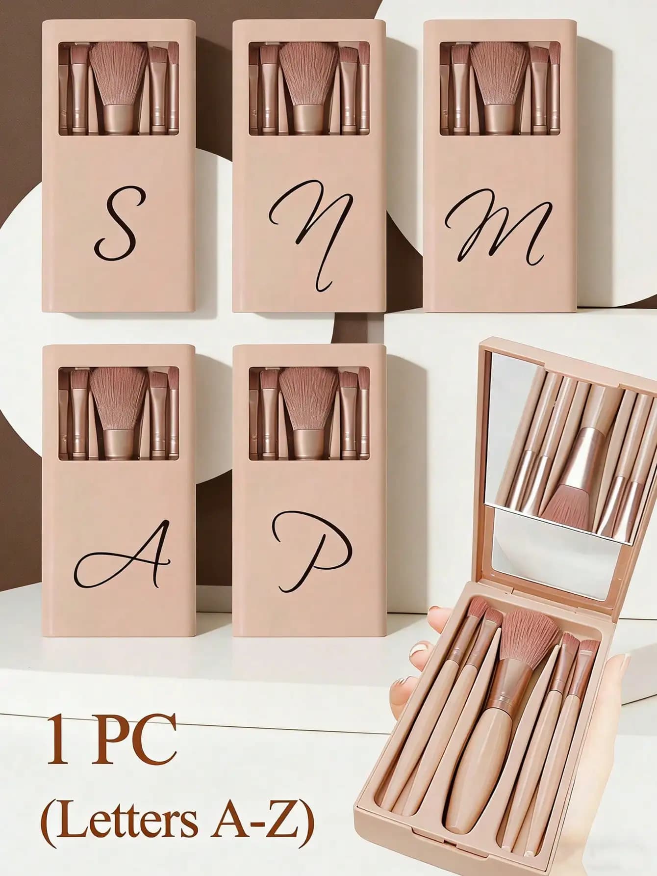 1 set di cinque set di pennelli cosmetici portatili con specchietti, lettere nere stampate dalla A alla Z, set di pennelli cosmetici in scatola, pennelli cosmetici multifunzionali con scatole a specchio, mini penne cosmetiche multifunzionali, pennelli per fondotinta, pennelli per ombretti, pennelli per principianti.