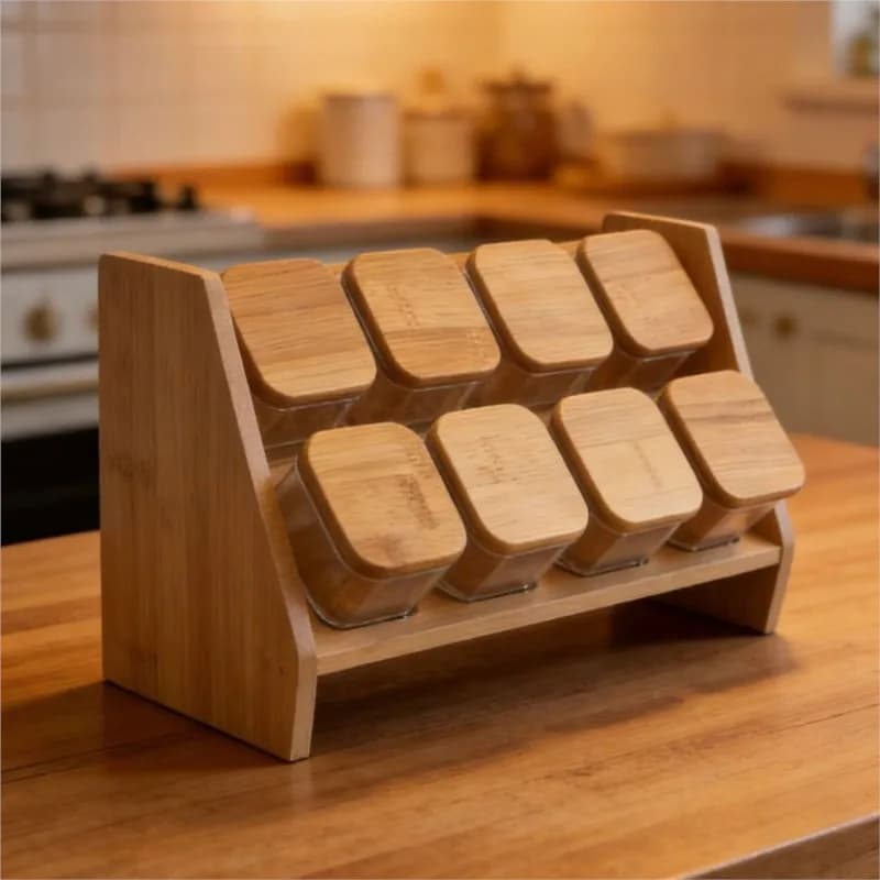 Square Glass Storage Jar Set with Wooden Rack, Airtight Bamboo Lids, Clear Canisters for Kitchen Pantry, Spices, Grains, Tea